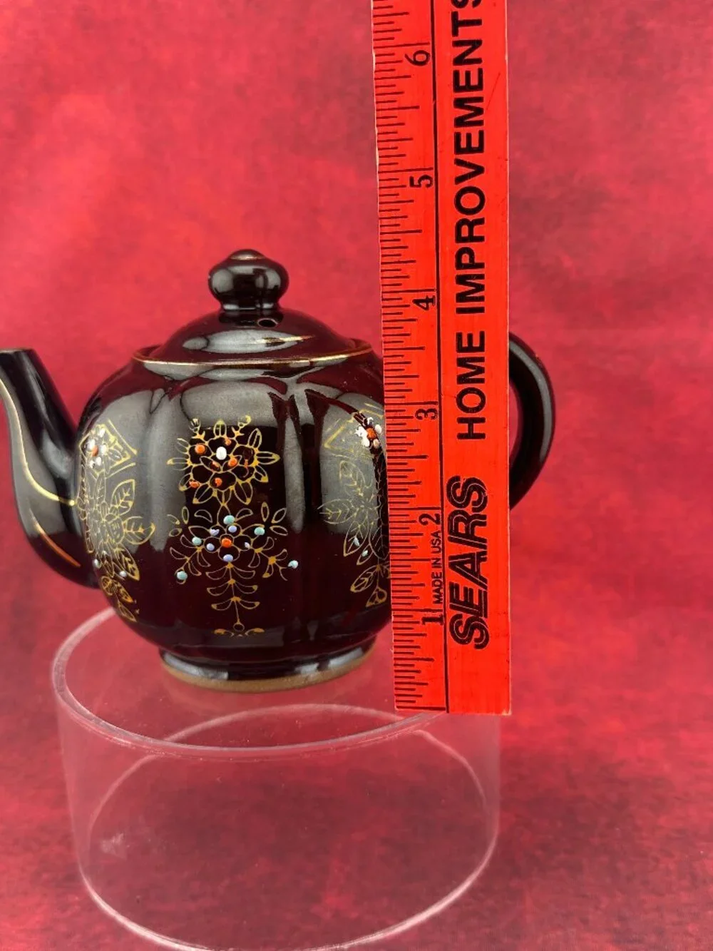 VINTAGE JAPANESE BROWN BETTY REDWARE  TEAPOT CERAMIC MORIAGE ENAMEL HAND PAINTED
